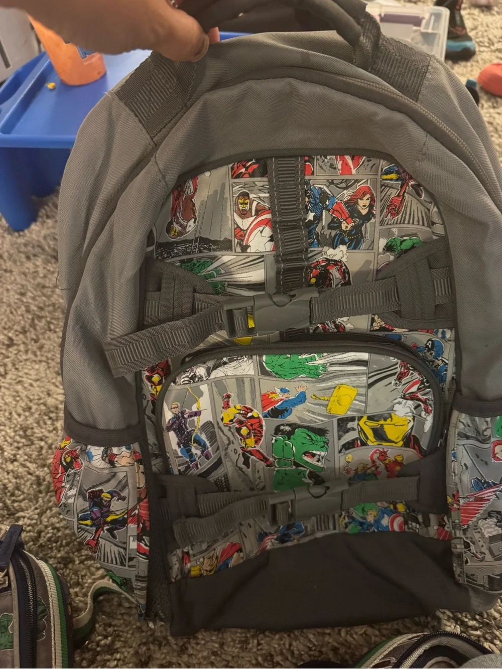 Pottery Barn Kids large Gray Marvel Superhero Backpack and Lunch Boxes